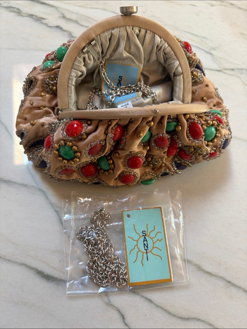 Santo beaded Embellished Floral Clutch, Beige, Turquoise & Red & Navy w chain - Picture 9 of 11
